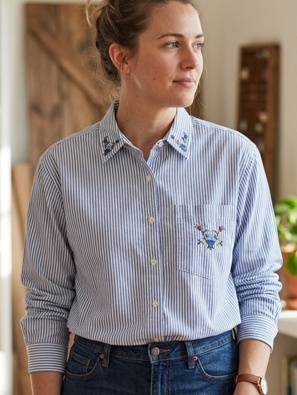 John Henry Embroidered Floral Stripe Button Up Shirt Blue White Large Preppy